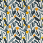 Close-up view of Designer Floral Wallpaper with gray leaves and bright yellow berries pattern, set against a white background for a fresh and modern appearance.