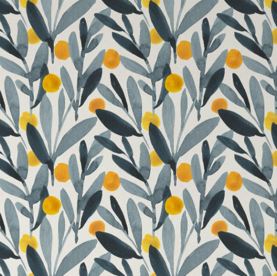 Close-up view of Designer Floral Wallpaper with gray leaves and bright yellow berries pattern, set against a white background for a fresh and modern appearance.
