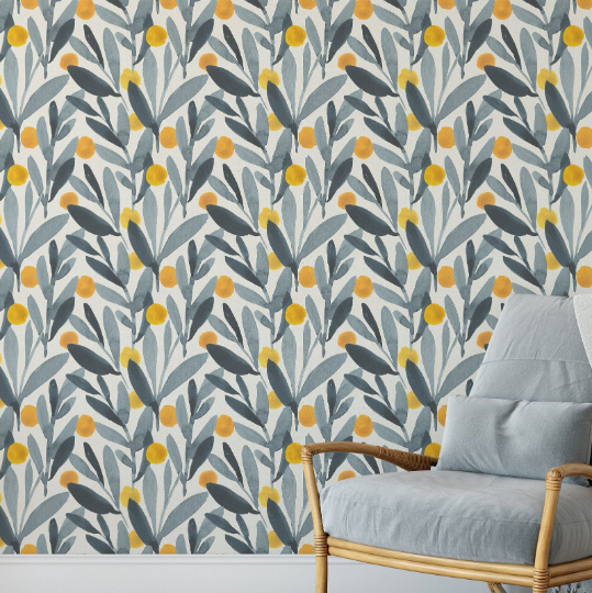 Designer Floral Wallpaper featuring elegant foliage in shades of dark and light gray with vibrant yellow accents on a light background, creating a lively and stylish look in a contemporary home setting