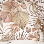 Close-up view of the Neutral Modern Floral Mural wallpaper featuring delicate, hand-painted flowers and leaves in soft beige, blush, and earthy tones. The design includes large floral elements and subtle botanical accents, creating an elegant and serene ambiance