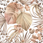 Detailed section of the Neutral Modern Floral Mural wallpaper showcasing intricate botanical elements with large petals and seed pods in muted shades of beige and blush. The watercolor effect highlights the natural beauty and soft textures of the flowers.