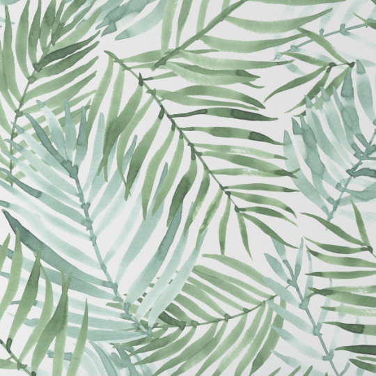 A detailed view of the 'Hand Painted Tropical Wallpaper', with its refreshing palette of green hues capturing the essence of tropical foliage. The watercolor leaves are spread in a dense, yet airy pattern, creating an immersive natural environment within an interior space