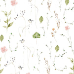 A close-up image that captures the subtle beauty of the Modern Watercolour Floral Wallpaper in Dusty Pink. The watercolor botanicals in hues of dusty pink, soft greens, and neutral tones are set against a clean background, offering a wallpaper design that evokes the freshness of a spring meadow.