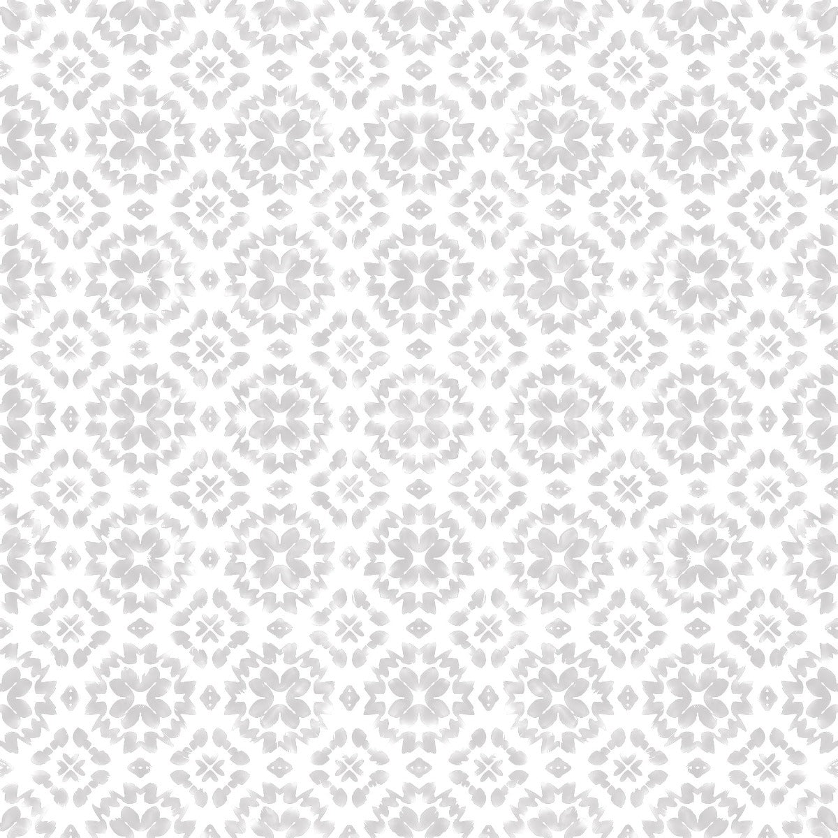 Close-up view of 'Geometric Watercolor - Muskoka Snow' wallpaper, featuring a repetitive pattern of grey geometric florals on a white background for a subtle and soothing aesthetic