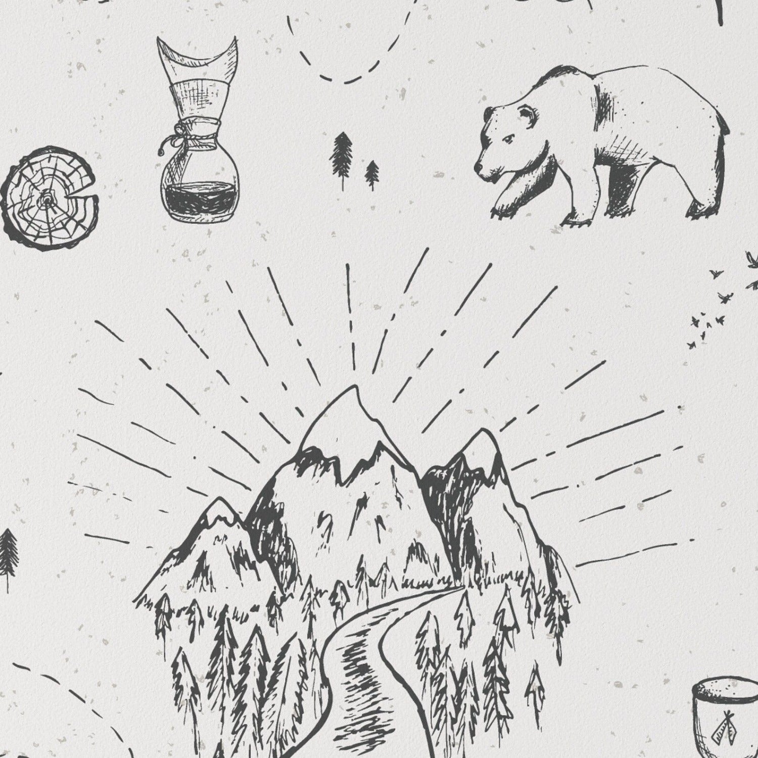 A detailed close-up of the Big Adventure Kids Wallpaper showcasing hand-drawn illustrations of a bear, mountains, and outdoor elements in black ink on a white background, evoking the spirit of exploration and nature.