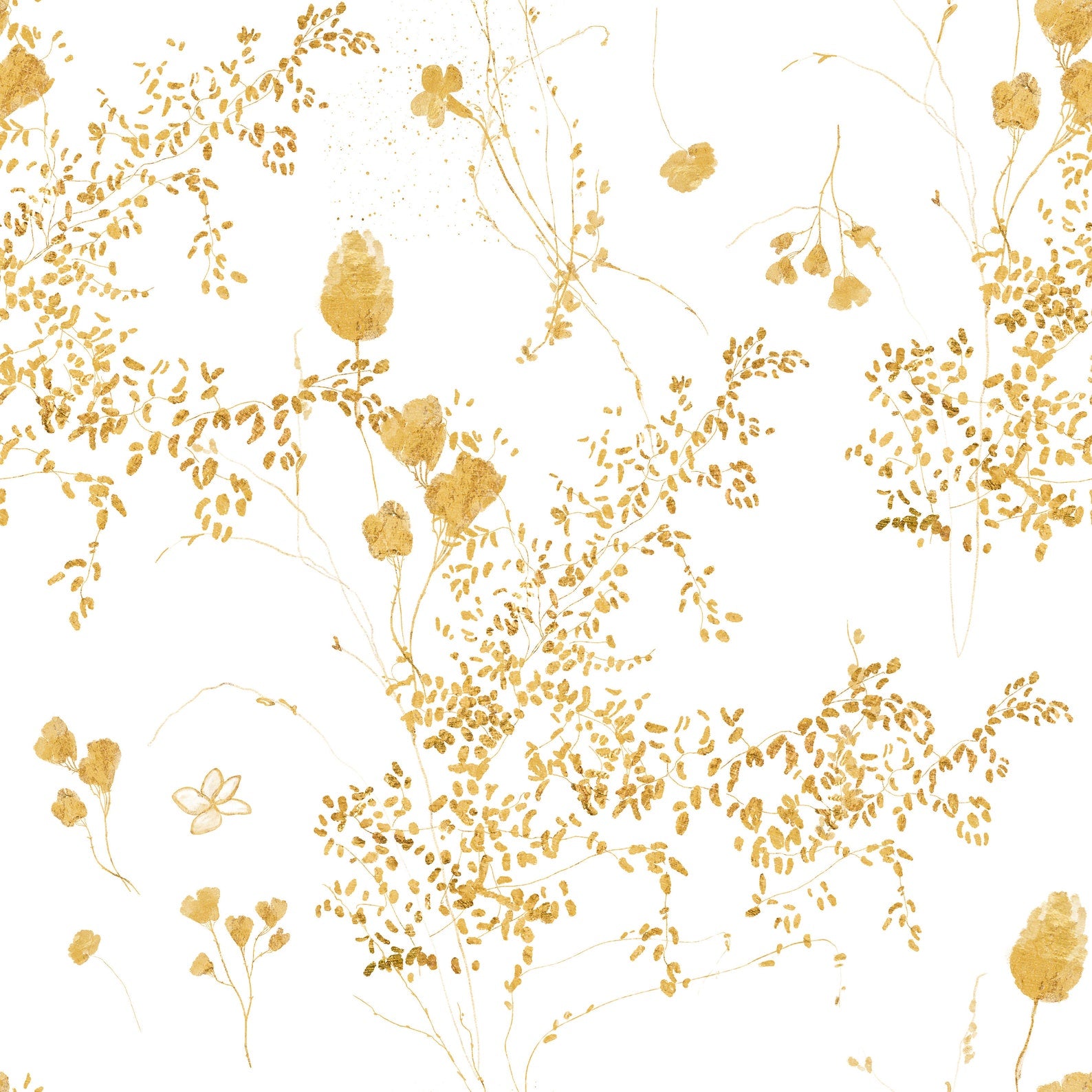 A wallpaper pattern with whimsical golden floral bunches scattered across a clean white background, evoking a sense of natural elegance.