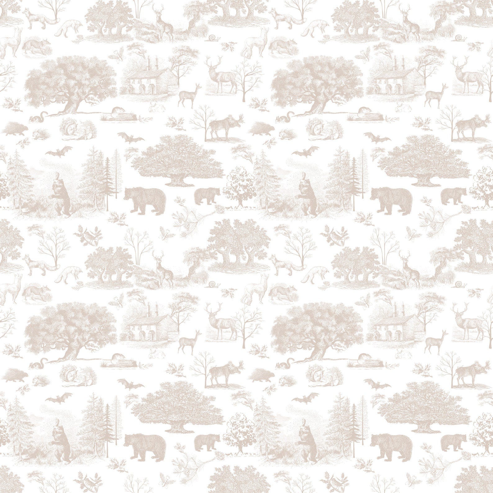 A close-up of the Vintage Neutral Toile Wildlife Wallpaper pattern, highlighting its intricate illustrations of wildlife and nature scenes in beige on a white background. The detailed design adds a touch of elegance and sophistication to any room.