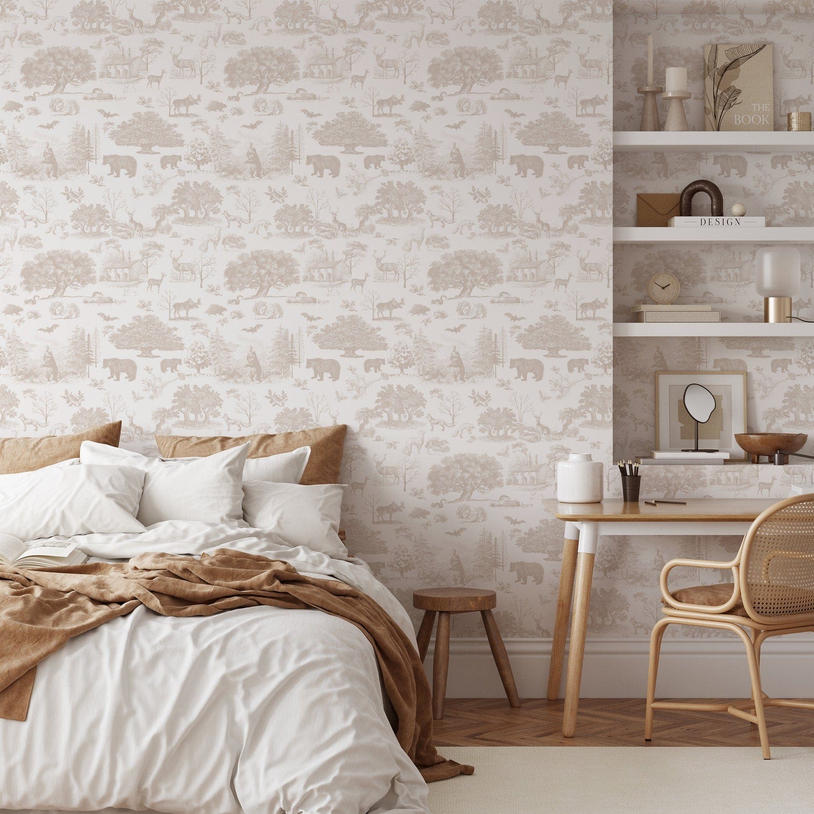 A cozy bedroom with neutral tones featuring Vintage Neutral Toile Wildlife Wallpaper. The wallpaper showcases detailed wildlife scenes with bears, deer, and trees in a soft beige color on a white background, creating a tranquil and classic ambiance.