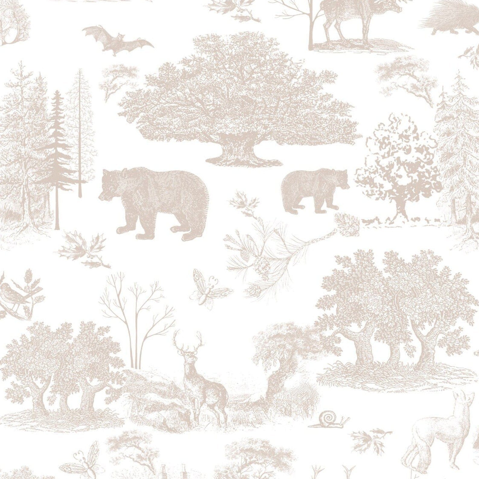 A close-up of the Vintage Neutral Toile Wildlife Wallpaper pattern, highlighting its intricate illustrations of wildlife and nature scenes in beige on a white background. The detailed design adds a touch of elegance and sophistication to any room.