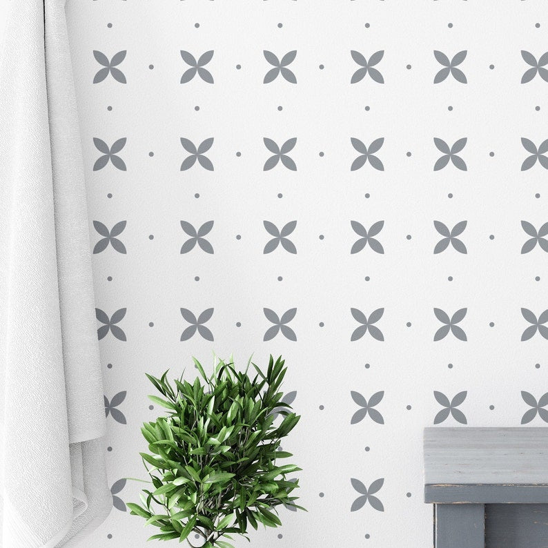 Minimal Geometric Wallpaper in contemporary bathroom with white decor