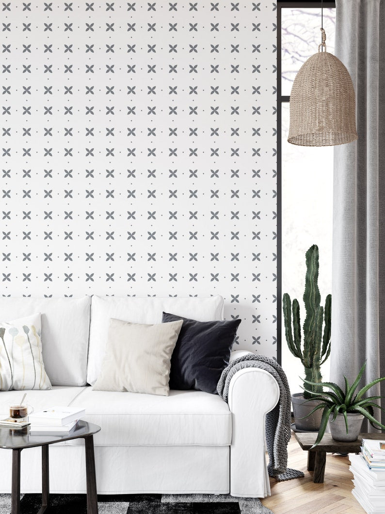 Minimal Geometric Wallpaper decorating modern living room wall behind white sofa