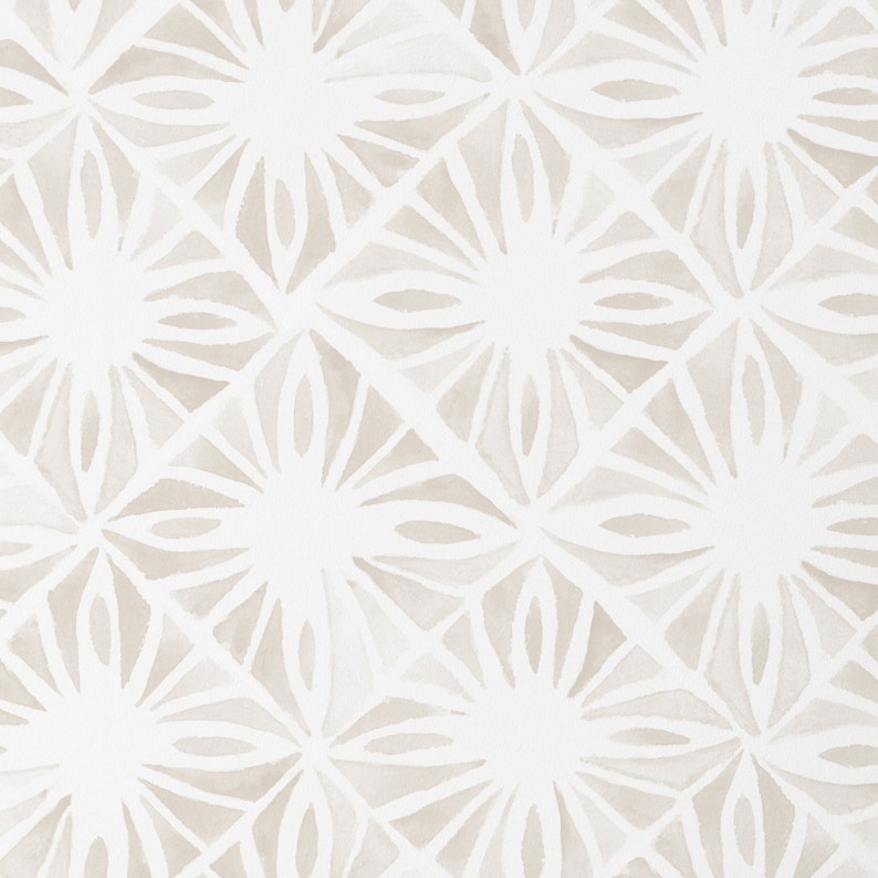 A close-up of the Moroccan Tile Wallpaper II - Linen, illustrating the intricate geometric design with a texture reminiscent of linen, offering a sophisticated yet subtle backdrop suitable for a variety of home decor styles.