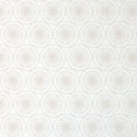 A close-up image showcasing the elegant design of the Minimal Hand Painted Wallpaper - Linen, with a series of white, circular motifs with a hand-painted look set against a warm, linen-colored background. The pattern has a delicate, lace-like detail within each circle, creating a sense of depth and texture.