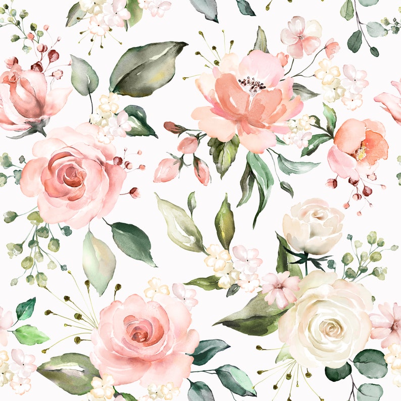 A sumptuous array of watercolor roses in pink and cream hues, surrounded by delicate greenery and smaller flowers. This pattern has a hand-painted look, creating an effect of a lush, blooming garden on a canvas of wallpaper.