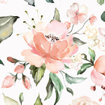 A sumptuous array of watercolor roses in pink and cream hues, surrounded by delicate greenery and smaller flowers. This pattern has a hand-painted look, creating an effect of a lush, blooming garden on a canvas of wallpaper.