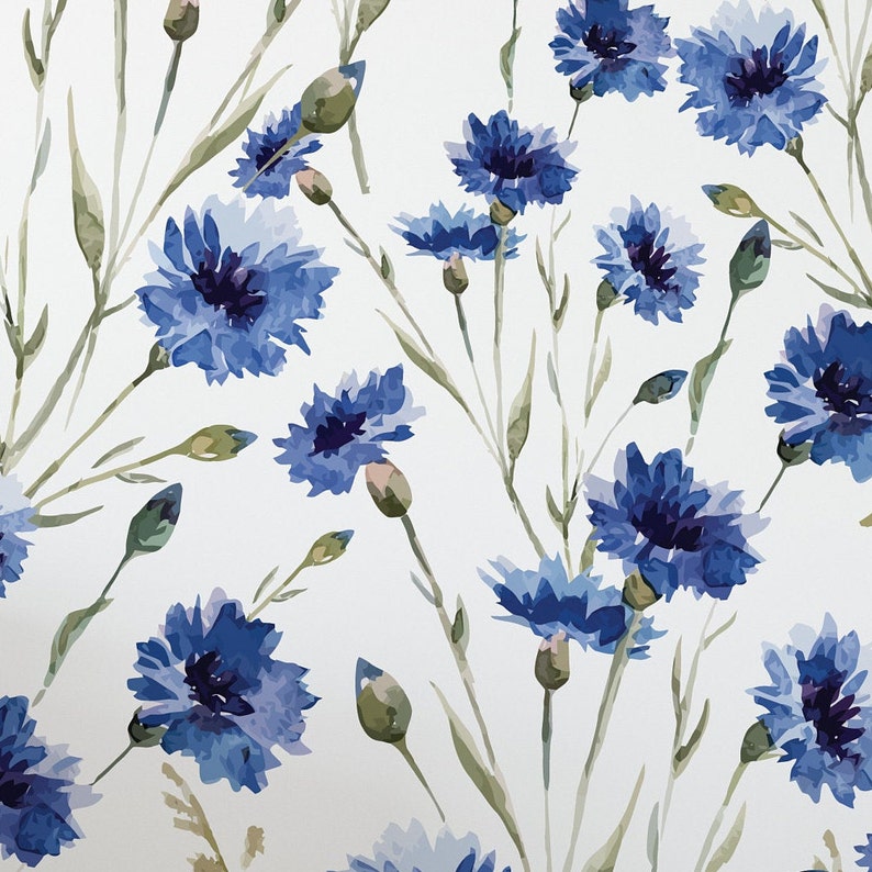 Close-up of the 'Hand Painted Blue Floral Wallpaper', displaying the rich texture and varied shades of blue in the flowers, paired with lush green leaves, illustrating the wallpaper's intricate design and hand-painted aesthetic