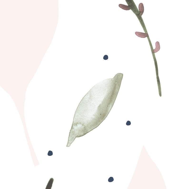 A digital design of 'Modern Abstract Leaf' wallpaper showcasing a minimalist pattern with stylized leaf shapes in soft pink, along with realist sage green leaves and small, dark blue dots scattered across a white background