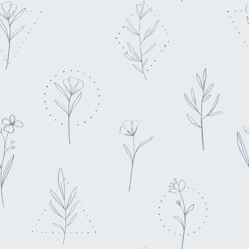 A close-up of the Minimal Floral Line Art Wallpaper showcasing its subtle and simplistic design. The blue botanical line drawings are set against a white backdrop, with each plant element surrounded by a sparse arrangement of dots, giving a tranquil and organized look.