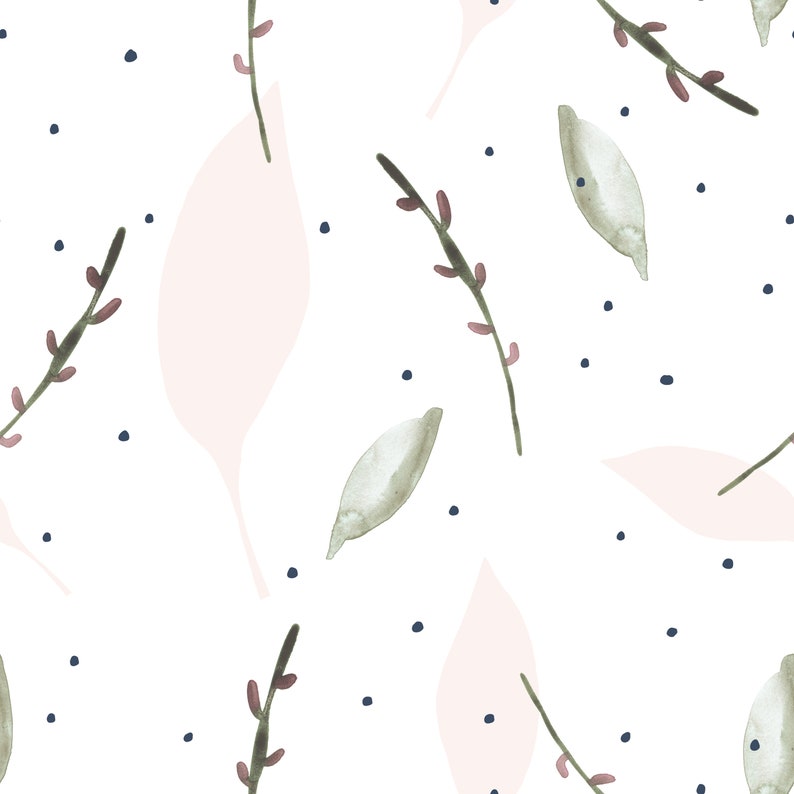 A digital design of 'Modern Abstract Leaf' wallpaper showcasing a minimalist pattern with stylized leaf shapes in soft pink, along with realist sage green leaves and small, dark blue dots scattered across a white background