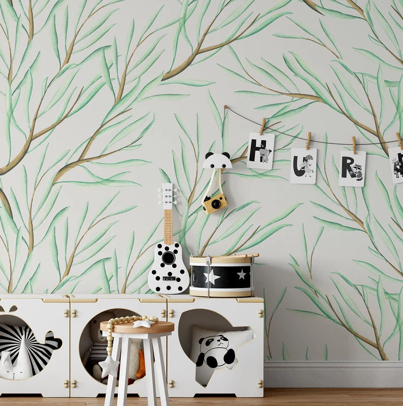 Playful children's room enhanced with Large Floral Wallpaper Mural, emphasizing natural branch motifs.