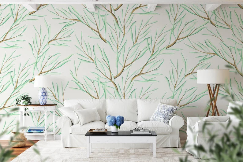 Large Floral Wallpaper Mural in a stylish living room setting, showcasing expansive green leaf patterns.