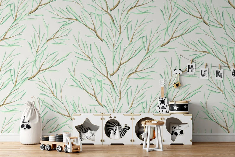 Children's playroom decorated with Large Floral Wallpaper Mural featuring artistic green branches.