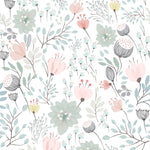 A single panel of the floral mural wallpaper showcasing the detailed and elegant botanical design, featuring pastel flowers and leaves with a gentle, calming color palette, perfect for a serene living space