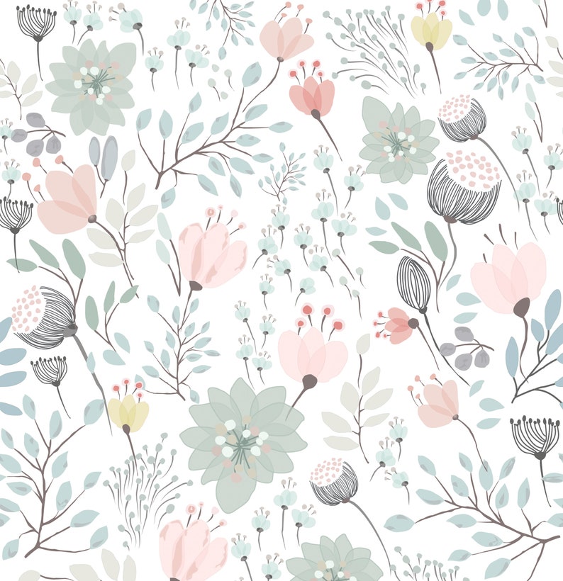 A single panel of the floral mural wallpaper showcasing the detailed and elegant botanical design, featuring pastel flowers and leaves with a gentle, calming color palette, perfect for a serene living space