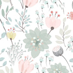 A seamless pattern of the pastel floral wallpaper, displaying a harmonious blend of soft pink, blue, and green hues with playful flower and leaf designs, suitable for adding a touch of whimsy to any room