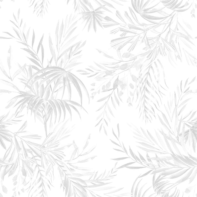 A close-up of the Palm Springs Wallpaper reveals its intricate pattern of palm leaves in various shades of grey, providing a delicate and sophisticated tropical ambiance to any interior space.