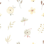 Close-up of the Sunny Floral Wallpaper, displaying a soft palette of cream, yellow, and green flowers and leaves, evoking a peaceful and sunny ambiance.