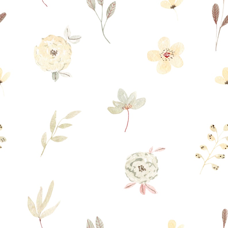 Close-up of the Sunny Floral Wallpaper, displaying a soft palette of cream, yellow, and green flowers and leaves, evoking a peaceful and sunny ambiance.