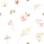 A close-up of the Pink Watercolour Floral Wallpaper pattern, displaying an array of watercolour flowers in pink and neutral tones. The blooms and foliage provide a dreamy and artistic backdrop, perfect for adding a splash of color and whimsy to any space.