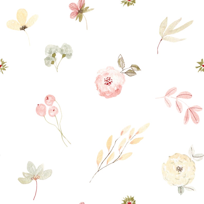 A close-up of the Pink Watercolour Floral Wallpaper pattern, displaying an array of watercolour flowers in pink and neutral tones. The blooms and foliage provide a dreamy and artistic backdrop, perfect for adding a splash of color and whimsy to any space.