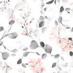 A seamless floral pattern wallpaper showcasing soft pink blossoms and muted gray eucalyptus leaves on a white background, conveying a gentle and airy aesthetic suitable for a tranquil space.