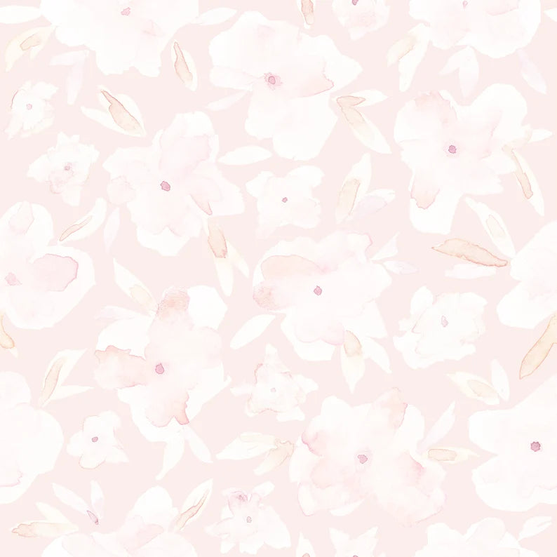 Close-up of a Soft Pastel Pink Floral Wallpaper with delicate watercolor blossoms and leaves on a light pink background, offering a gentle and romantic ambiance.