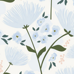 The "Floral Love Wallpaper" displays a close-up view, showcasing the intricate details of the hand-drawn flowers and leaves in shades of blue and green, with touches of pink berries. The wallpaper's pattern gives off a fresh and inviting vibe that’s perfect for any room looking for a touch of nature.