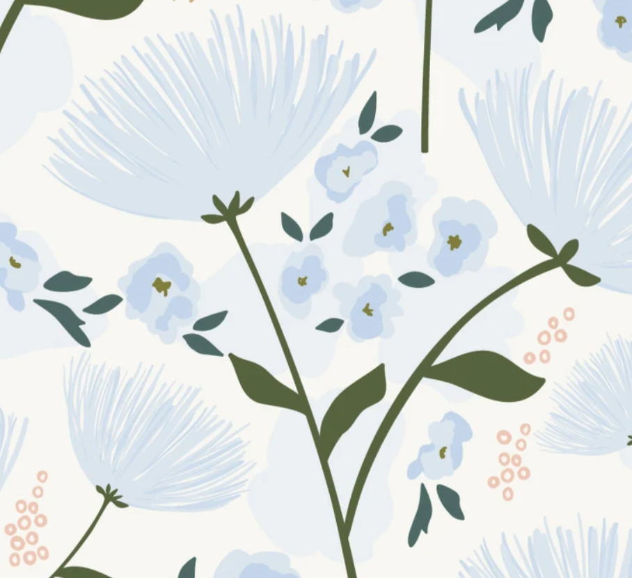 The "Floral Love Wallpaper" displays a close-up view, showcasing the intricate details of the hand-drawn flowers and leaves in shades of blue and green, with touches of pink berries. The wallpaper's pattern gives off a fresh and inviting vibe that’s perfect for any room looking for a touch of nature.