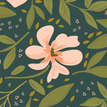 Close-up of the 'Floral Love Watercolour Wallpaper', highlighting the romantic and artistic watercolor design of pink flowers, green leaves, and whimsical heart-shaped accents on a rich green canvas.