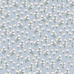 Detailed view of Floral Love Wallpaper - Blue showcasing its delicate pattern of white flowers with green stems and yellow centers, perfect for creating a serene and lovely atmosphere
