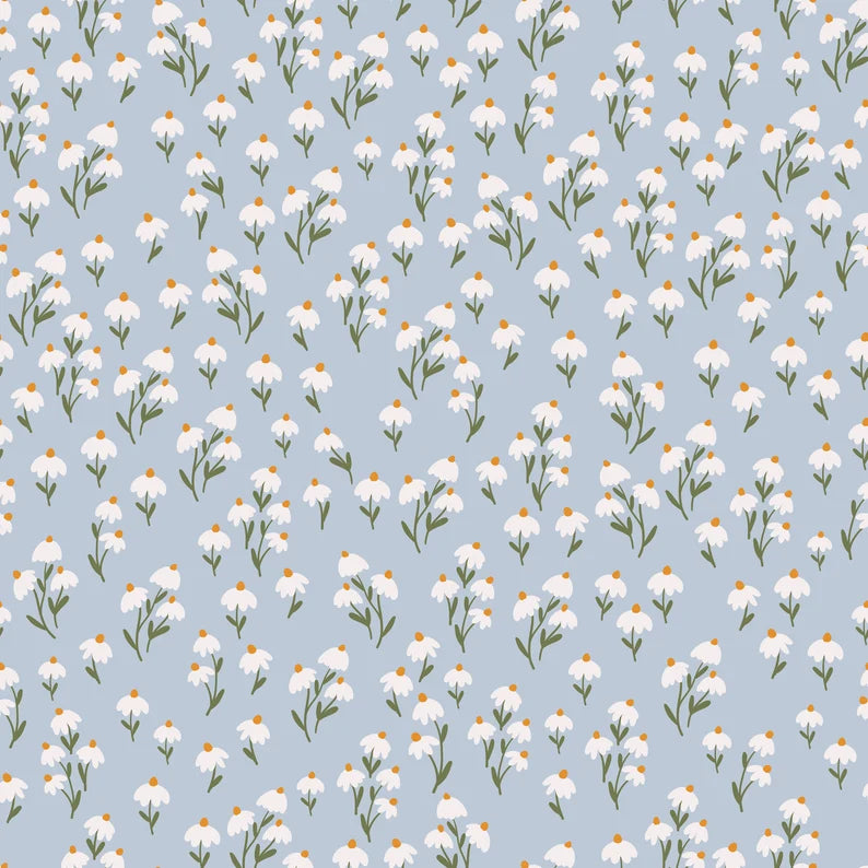 Detailed view of Floral Love Wallpaper - Blue showcasing its delicate pattern of white flowers with green stems and yellow centers, perfect for creating a serene and lovely atmosphere