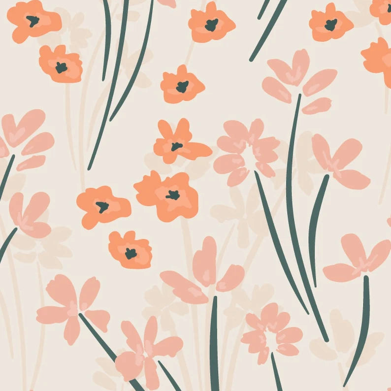 A seamless pattern of stylized flowers in shades of orange and pink with dark green stems and leaves, all set against a soft beige background. The design is quaint and playful, evoking a sense of spring or a vintage floral arrangement.