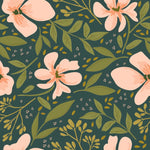 Close-up of the 'Floral Love Watercolour Wallpaper', highlighting the romantic and artistic watercolor design of pink flowers, green leaves, and whimsical heart-shaped accents on a rich green canvas.