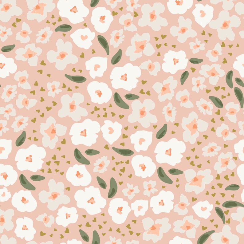 A seamless pattern of pink abstract flowers and green leaves on a soft pink background, giving the Beautiful Pink Abstract Floral Wallpaper a delicate and charming look suitable for a cozy interior