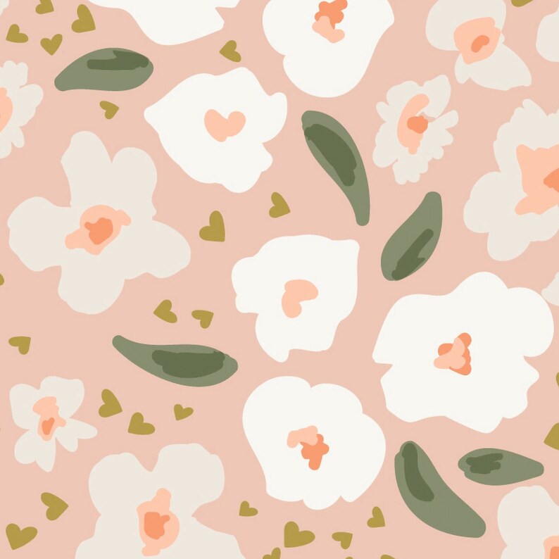 A seamless pattern of pink abstract flowers and green leaves on a soft pink background, giving the Beautiful Pink Abstract Floral Wallpaper a delicate and charming look suitable for a cozy interior