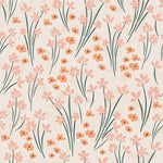 A seamless pattern of stylized flowers in shades of orange and pink with dark green stems and leaves, all set against a soft beige background. The design is quaint and playful, evoking a sense of spring or a vintage floral arrangement.A seamless pattern of stylized flowers in shades of orange and pink with dark green stems and leaves, all set against a soft beige background. The design is quaint and playful, evoking a sense of spring or a vintage floral arrangement.