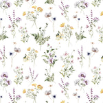 An elegant watercolor pattern featuring a variety of wildflowers in full bloom. Delicate petals in hues of purple, yellow, and pink are interspersed with lush green foliage. This floral arrangement is set against a clean white background, giving the impression of a midsummer's wildflower bouquet.