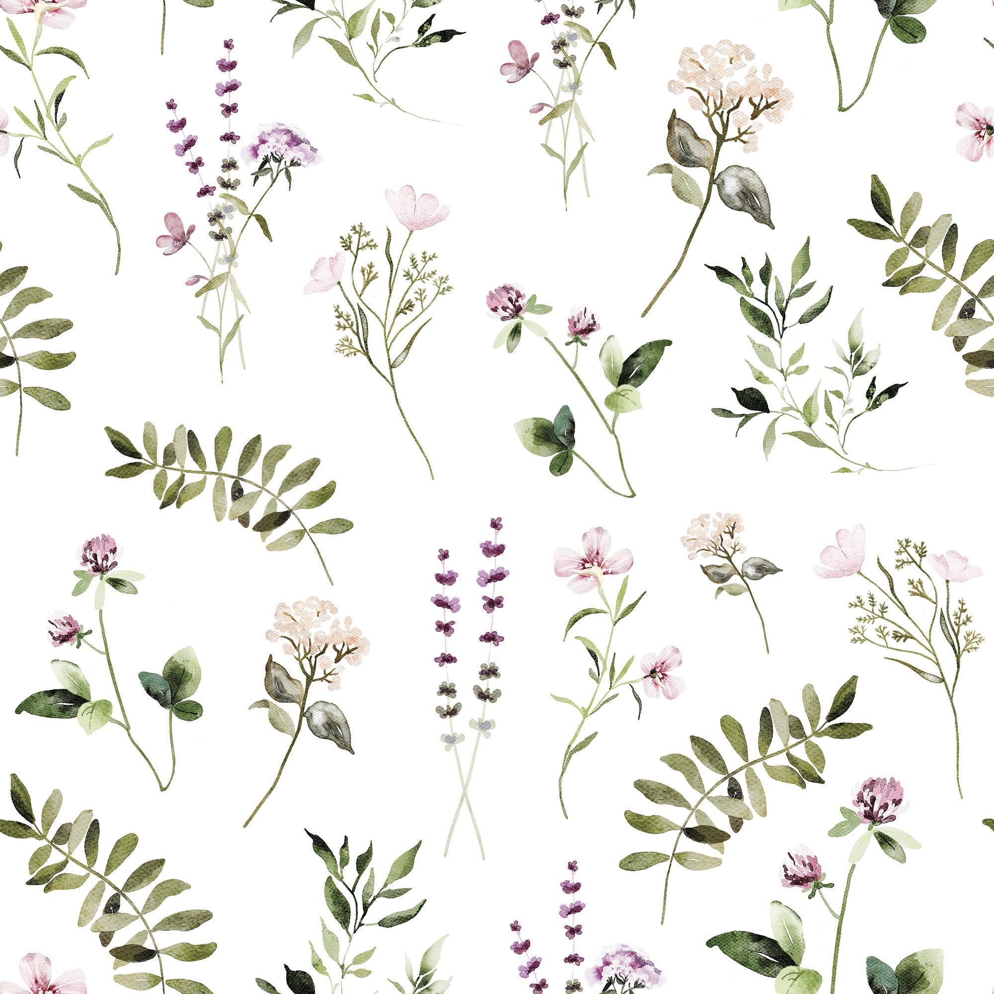 A seamless pattern of the "Midsummer Watercolour Floral & Fern Wallpaper," showcasing a mix of wildflowers and greenery. The design includes a variety of botanical illustrations such as lavender, pink blossoms, and green ferns, set against a crisp white background, perfect for adding a touch of nature to any space.
