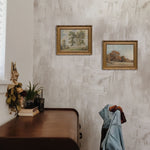 A warm and inviting room corner featuring the Hand Painted Venetian Texture - Beige wallpaper. The textured wall, adorned with classic framed landscape paintings, pairs elegantly with a vintage camera and dried flowers on a dark wood console, evoking a sense of old-world charm.