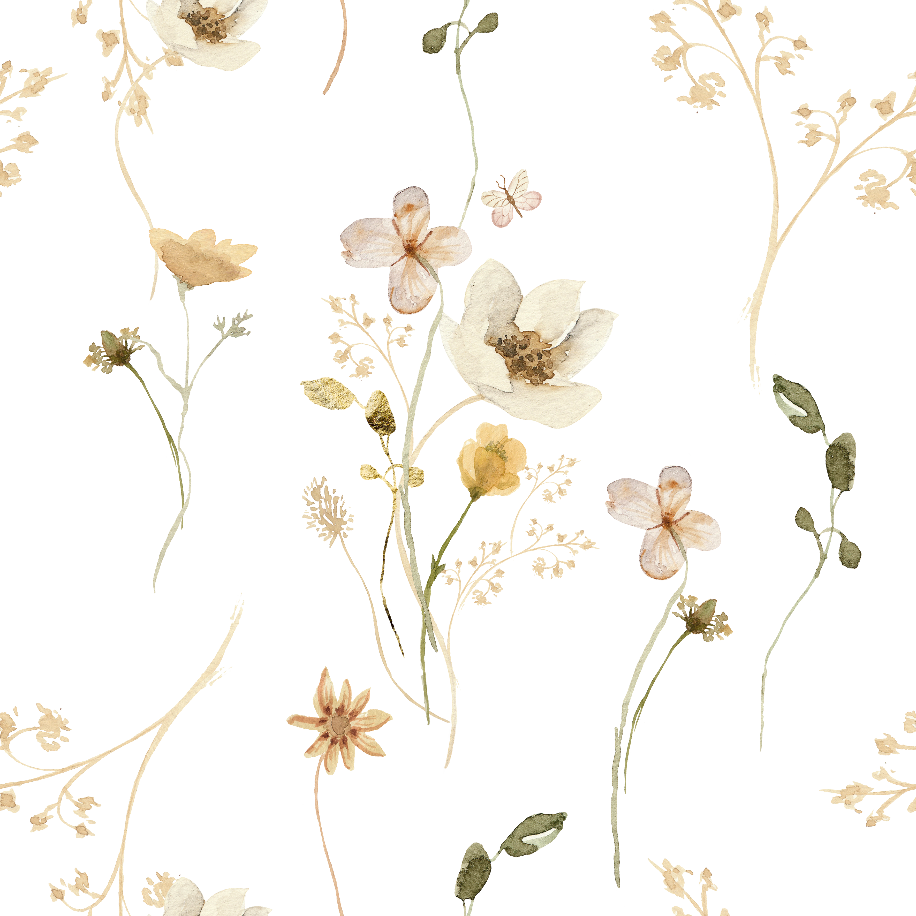 The Delicate Floral Wallpaper II is showcased against a dramatic black background, where the beige and cream floral illustrations take on an elegant contrast. This variant of the wallpaper offers a bold yet sophisticated backdrop, perfect for a statement wall in a contemporary setting.
